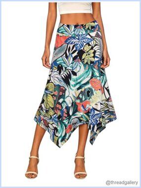 Floral A-Line Midi Skirt with Handkerchief Hem Stretchy Waist Flowy